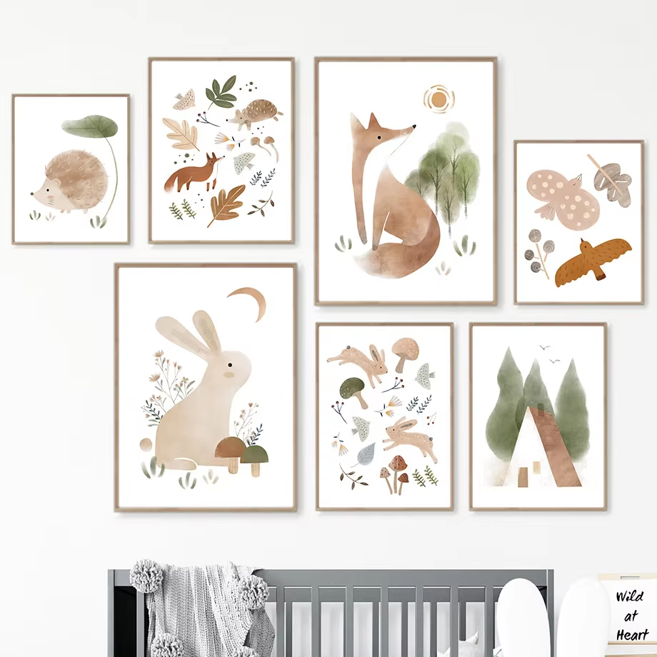 Baby Nursery Decor Boy - Boho coelho raposa ouriço pássaro folha