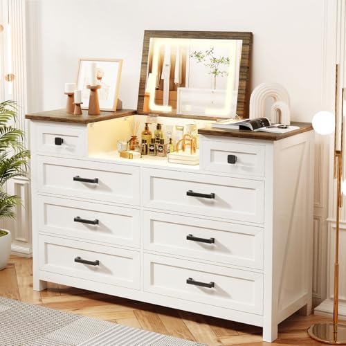 Drawer Dresser White - Cômoda com Espelho LED, 8 Gavetas,