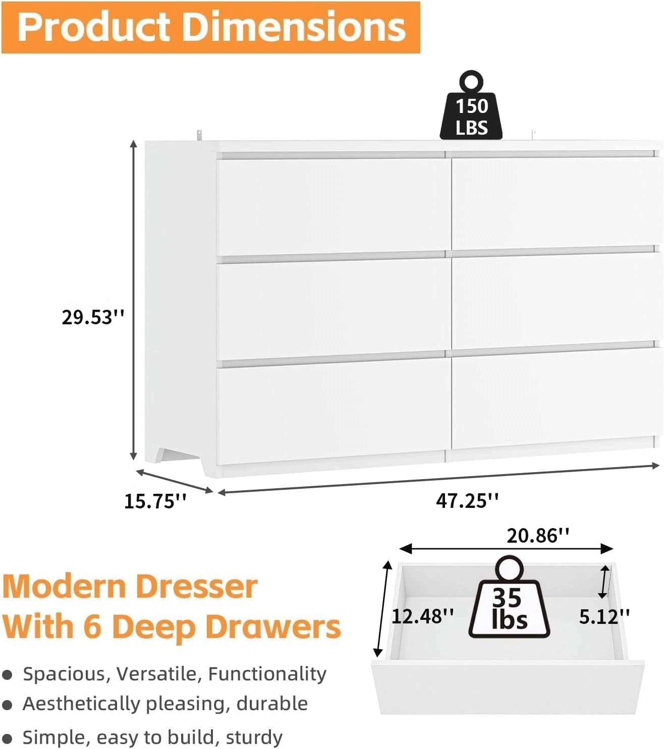 Cômoda de Madeira Branca com 6 - Drawer Dresser White avaliação e preço