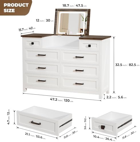Cômoda com Espelho LED, 8 Gave - Drawer Dresser White avaliação e preço