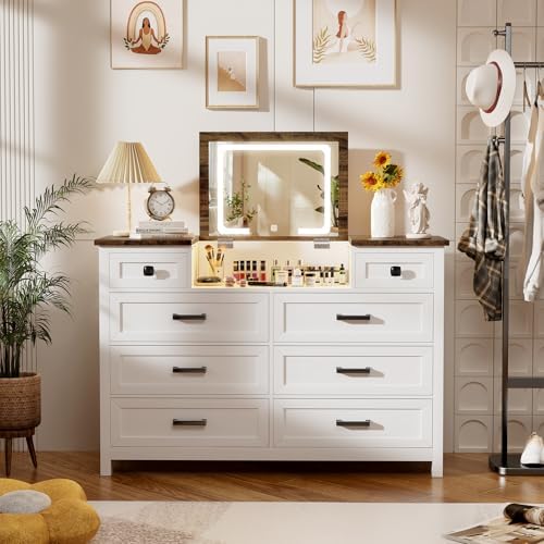 Cômoda com Espelho LED, 8 Gave - Drawer Dresser White avaliação e preço